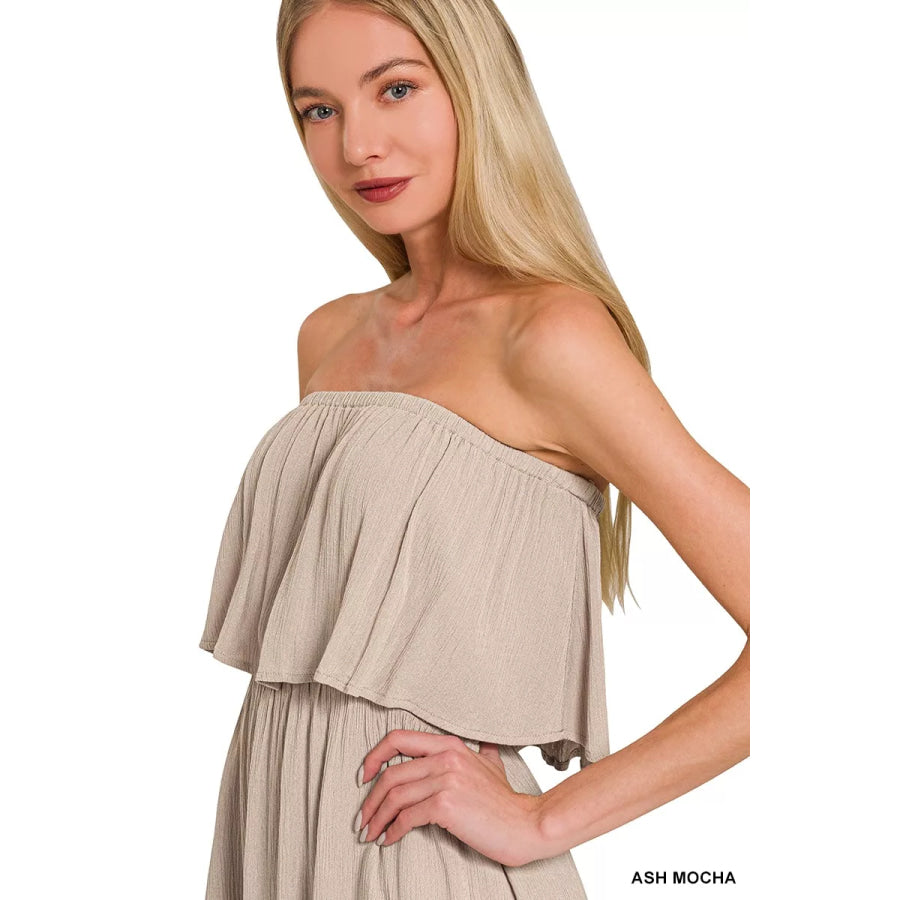 Zenana Woven Crinkle Strapless Maxi Dress Apparel and Accessories
