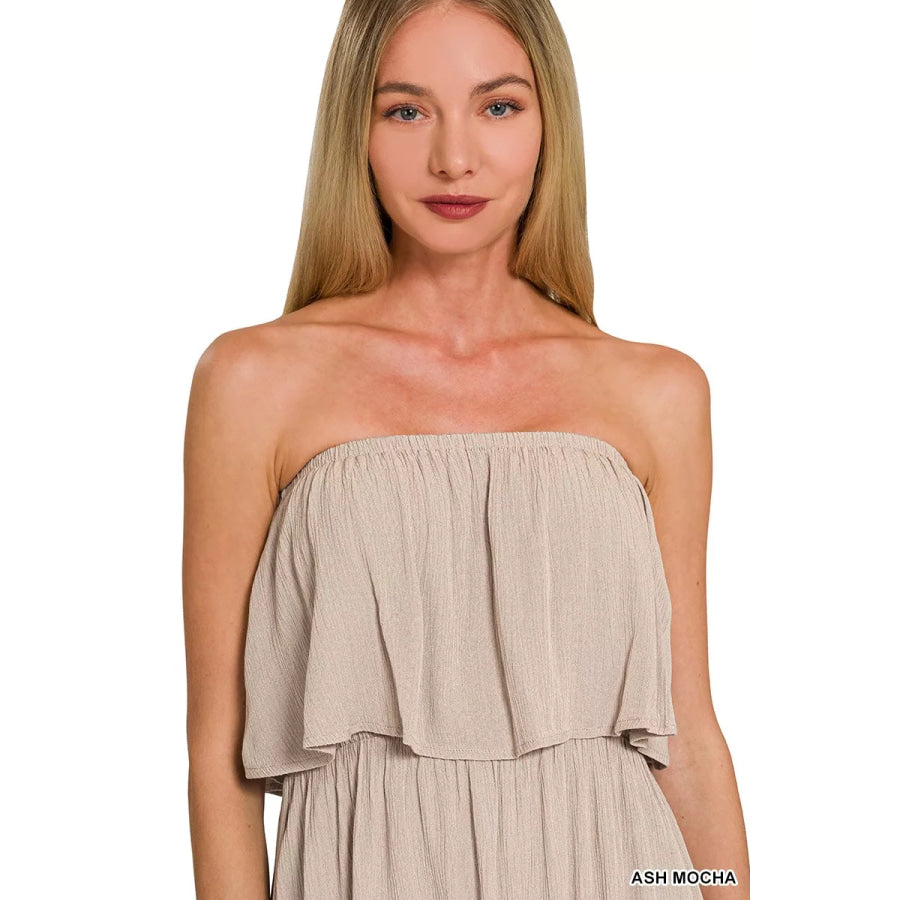 Zenana Woven Crinkle Strapless Maxi Dress Apparel and Accessories