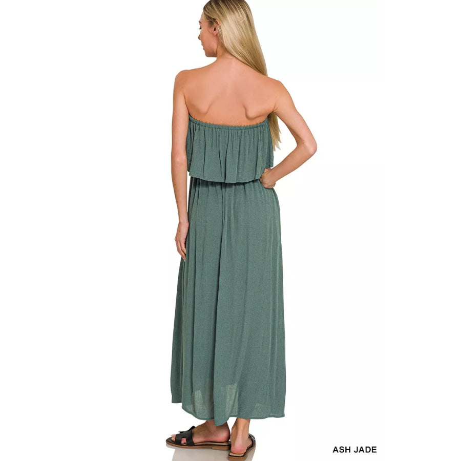 Zenana Woven Crinkle Strapless Maxi Dress Apparel and Accessories