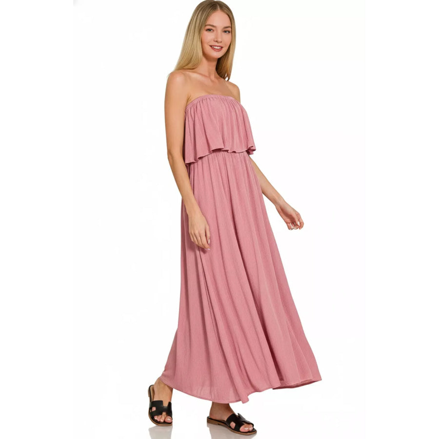 Zenana Woven Crinkle Strapless Maxi Dress Apparel and Accessories