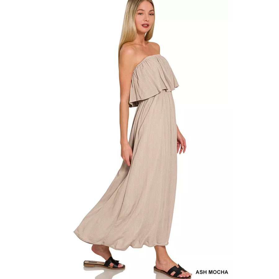 Zenana Woven Crinkle Strapless Maxi Dress Apparel and Accessories