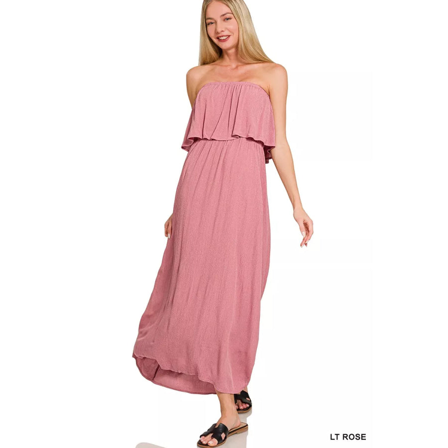 Zenana Woven Crinkle Strapless Maxi Dress Apparel and Accessories