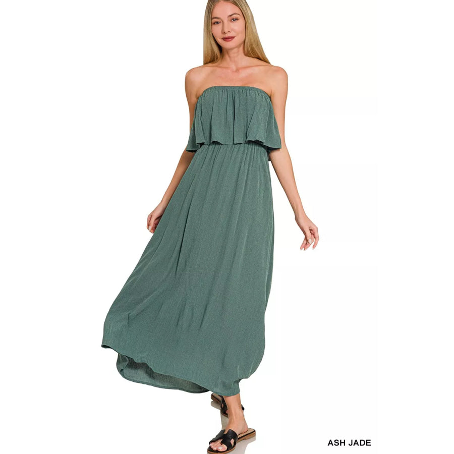 Zenana Woven Crinkle Strapless Maxi Dress ASH JADE / S Apparel and Accessories