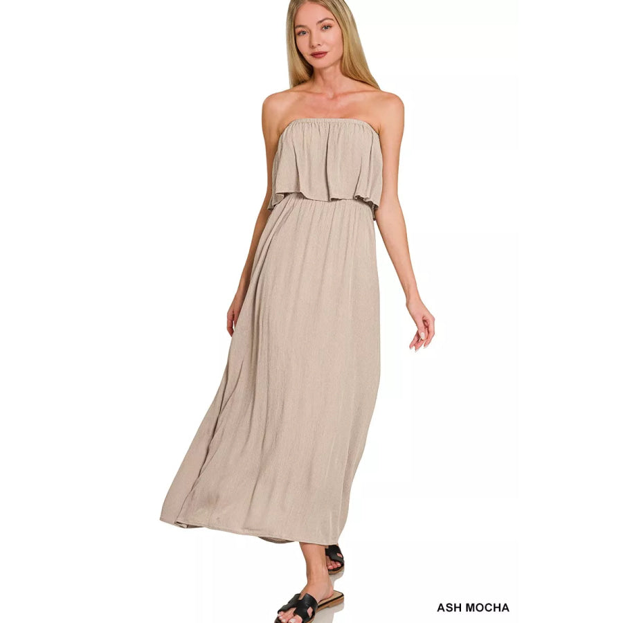 Zenana Woven Crinkle Strapless Maxi Dress ASH MOCHA / S Apparel and Accessories
