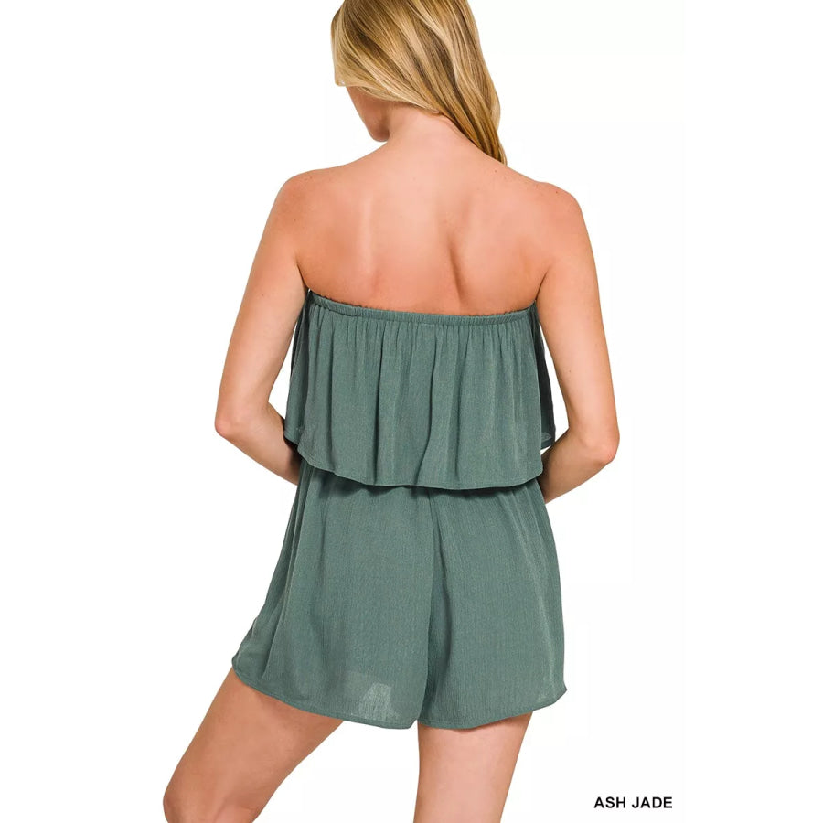 Zenana Woven Crinkle Strapless Rompers Apparel and Accessories