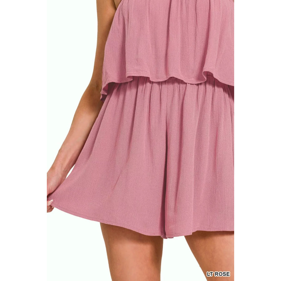 Zenana Woven Crinkle Strapless Rompers Apparel and Accessories