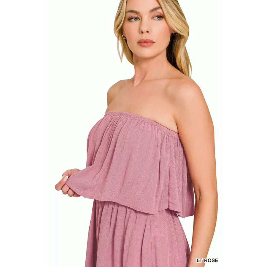 Zenana Woven Crinkle Strapless Rompers Apparel and Accessories