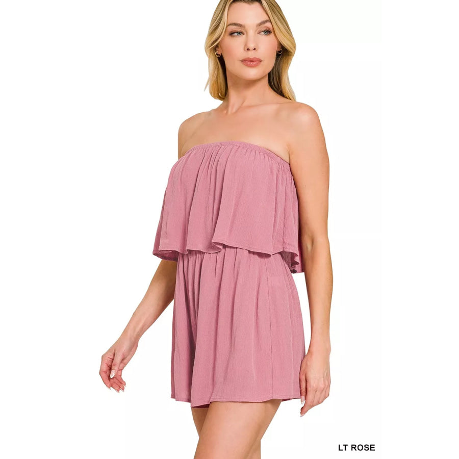 Zenana Woven Crinkle Strapless Rompers LT ROSE / S Apparel and Accessories