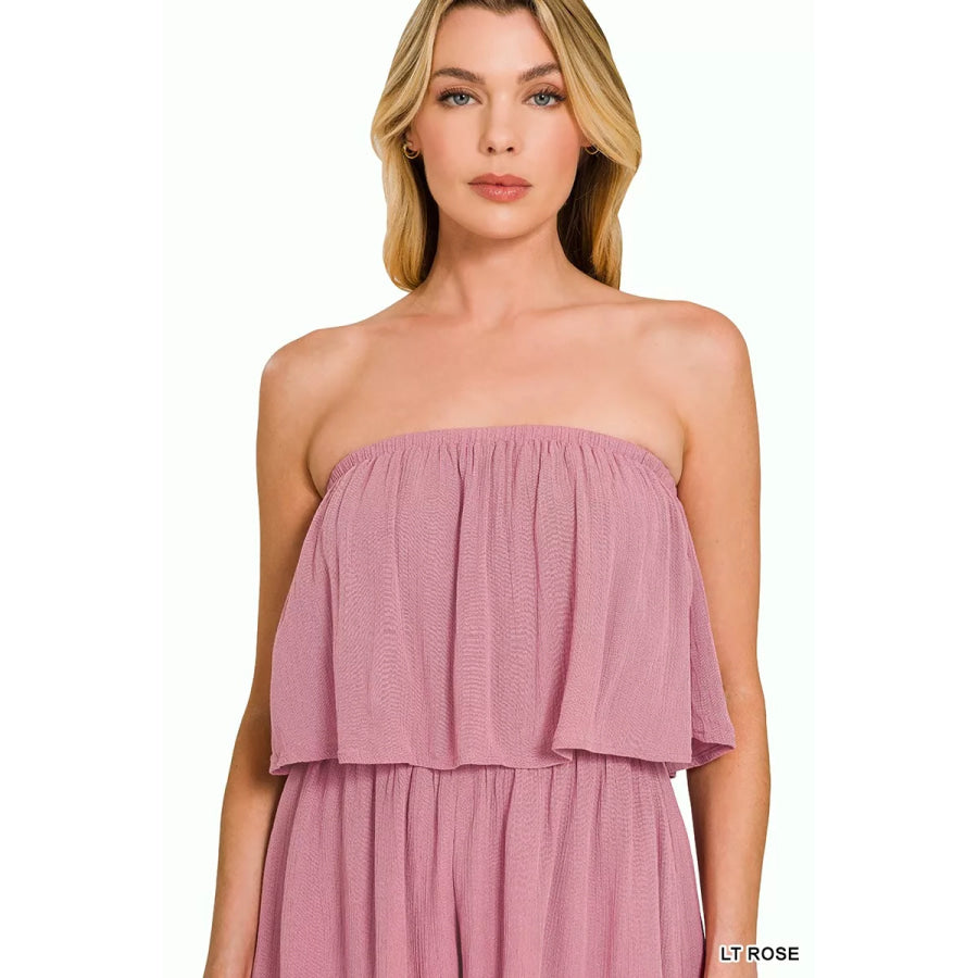 Zenana Woven Crinkle Strapless Rompers Apparel and Accessories