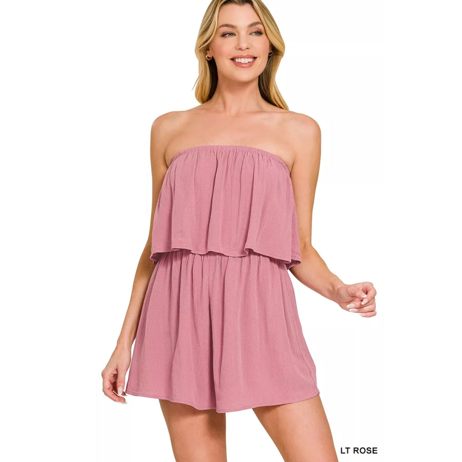 Zenana Woven Crinkle Strapless Rompers LT ROSE / S Apparel and Accessories