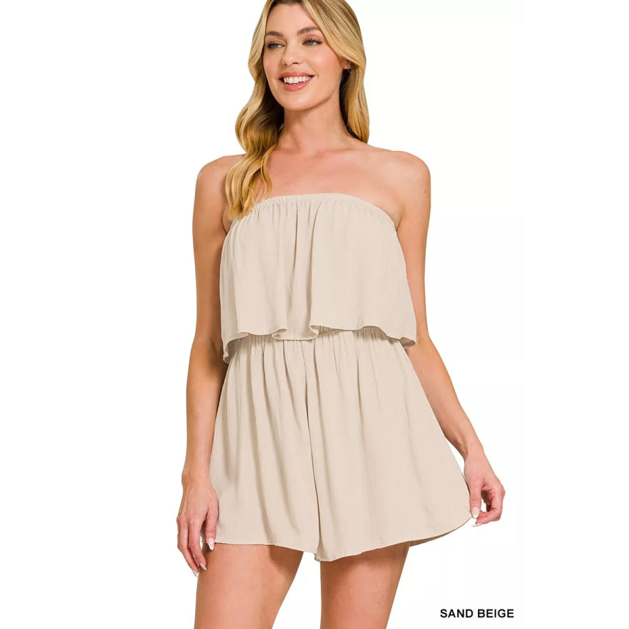 Zenana Woven Crinkle Strapless Rompers SAND BEIGE / S Apparel and Accessories