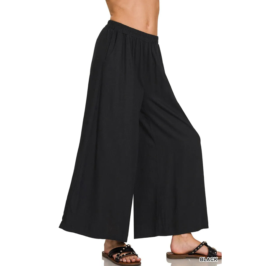 Zenana Woven Pleated Linen Blend Wide Leg Pants Apparel and Accessories