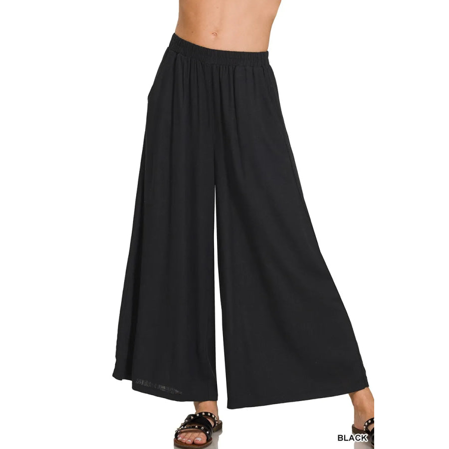 Zenana Woven Pleated Linen Blend Wide Leg Pants Apparel and Accessories