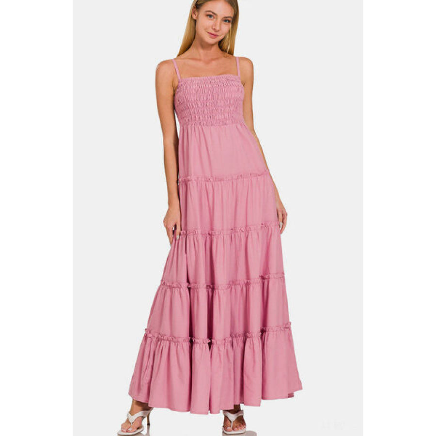 Zenana Woven Smocked Tiered Cami Maxi Dress Apparel and Accessories