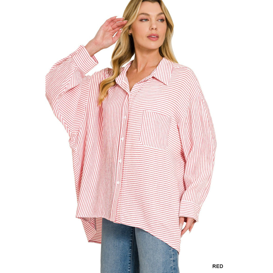 Zenana Woven Stripe Button Down Shirt Apparel and Accessories