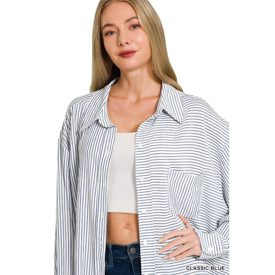 Zenana Woven Stripe Button Down Shirt Apparel and Accessories