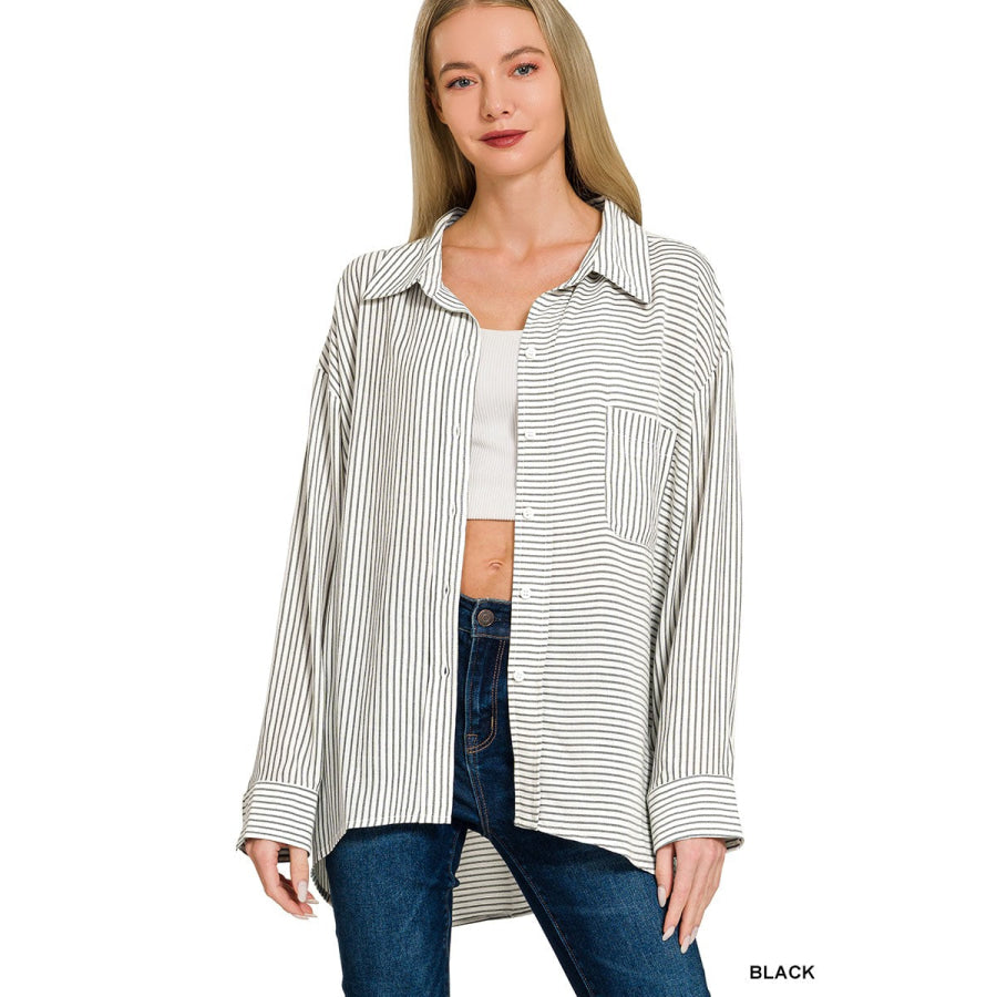 Zenana Woven Stripe Button Down Shirt BLACK / S/M Apparel and Accessories