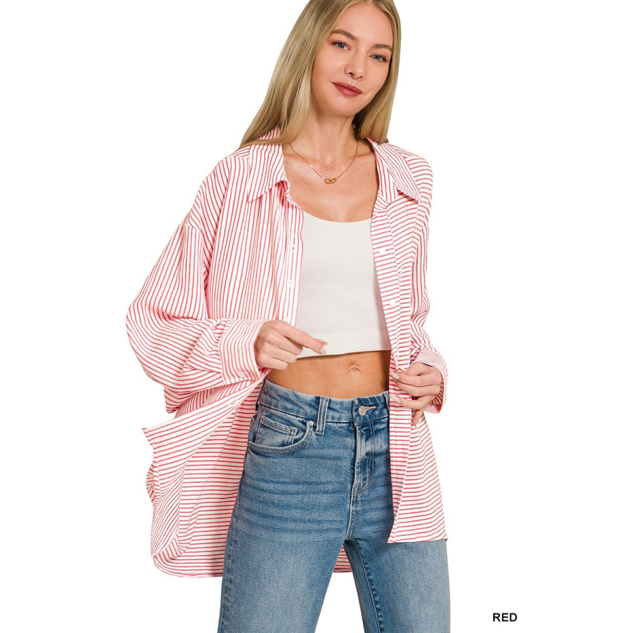 Zenana Woven Stripe Button Down Shirt Apparel and Accessories