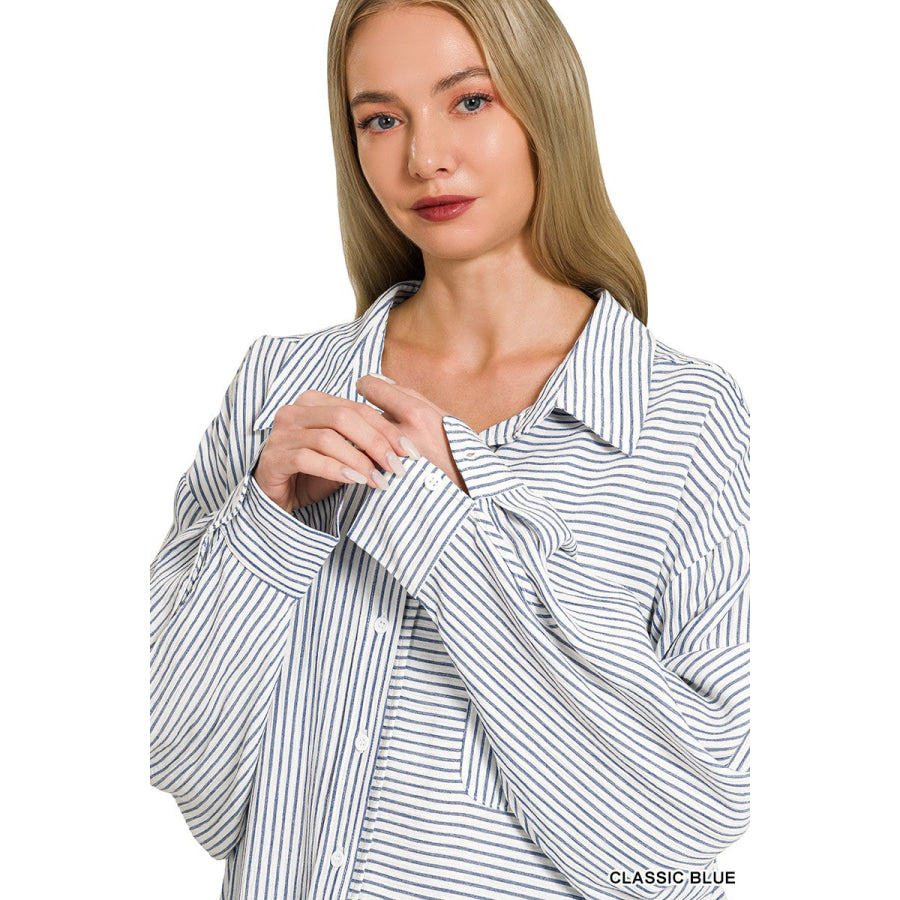 Zenana Woven Stripe Button Down Shirt Apparel and Accessories