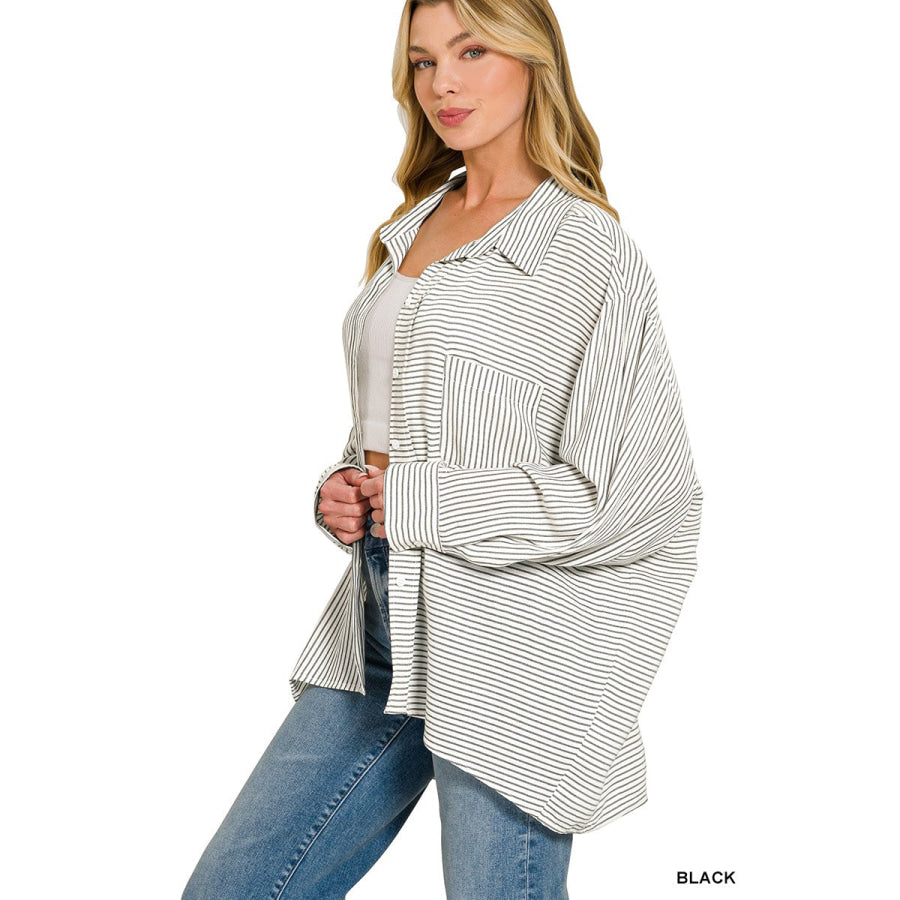 Zenana Woven Stripe Button Down Shirt Apparel and Accessories