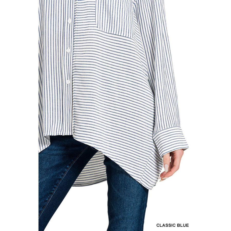 Zenana Woven Stripe Button Down Shirt Apparel and Accessories