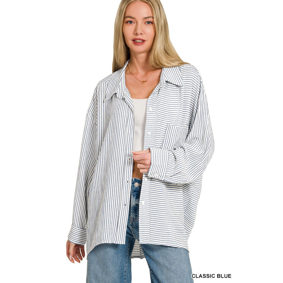 Zenana Woven Stripe Button Down Shirt Apparel and Accessories