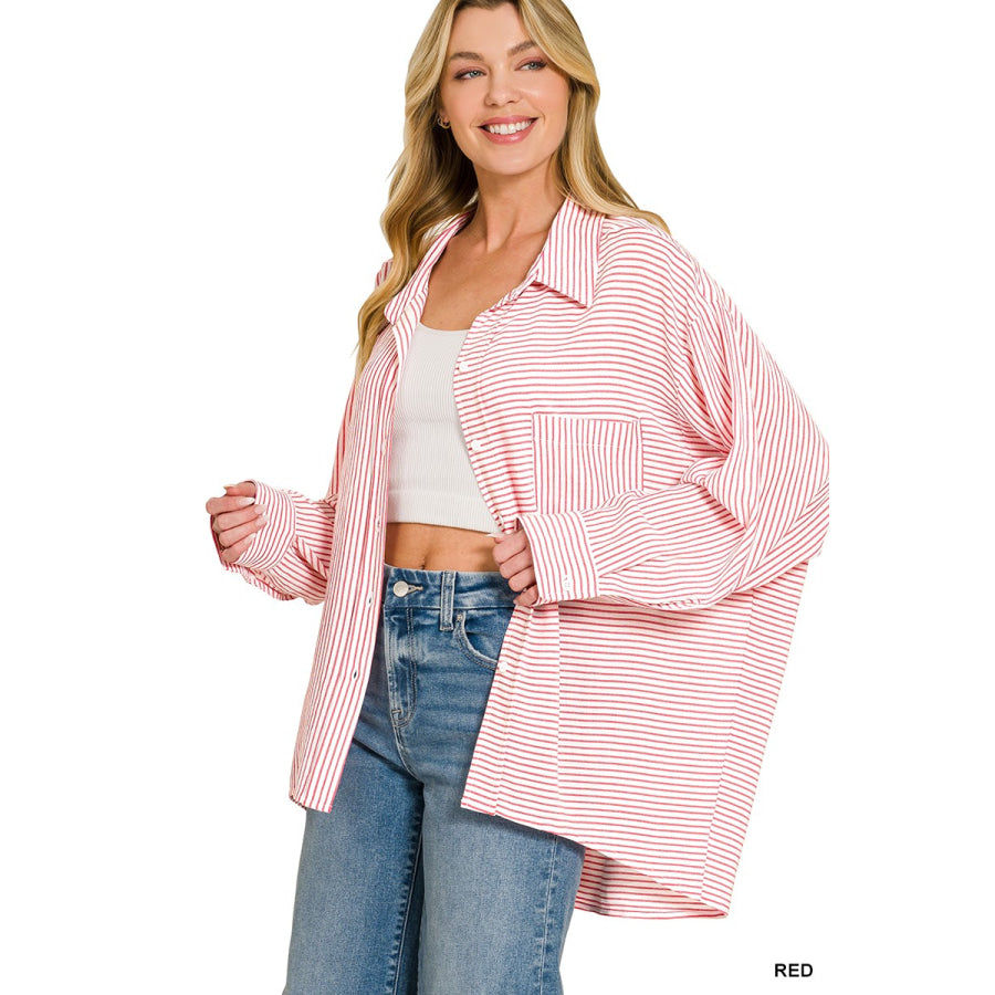 Zenana Woven Stripe Button Down Shirt Apparel and Accessories