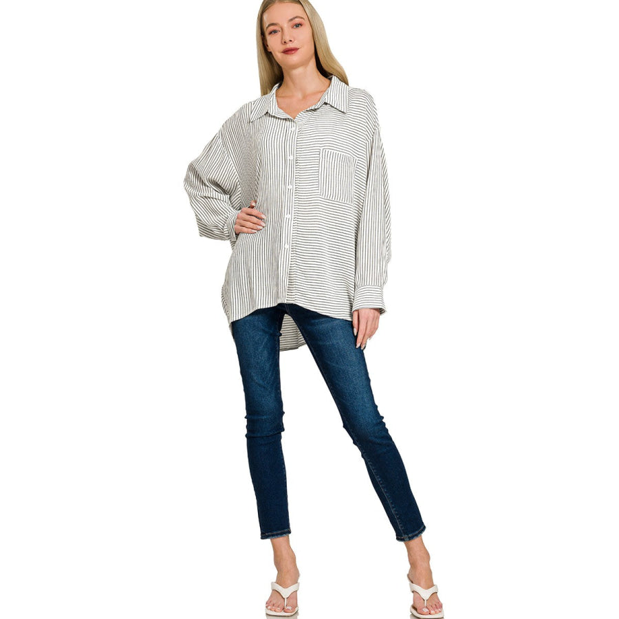 Zenana Woven Stripe Button Down Shirt Apparel and Accessories