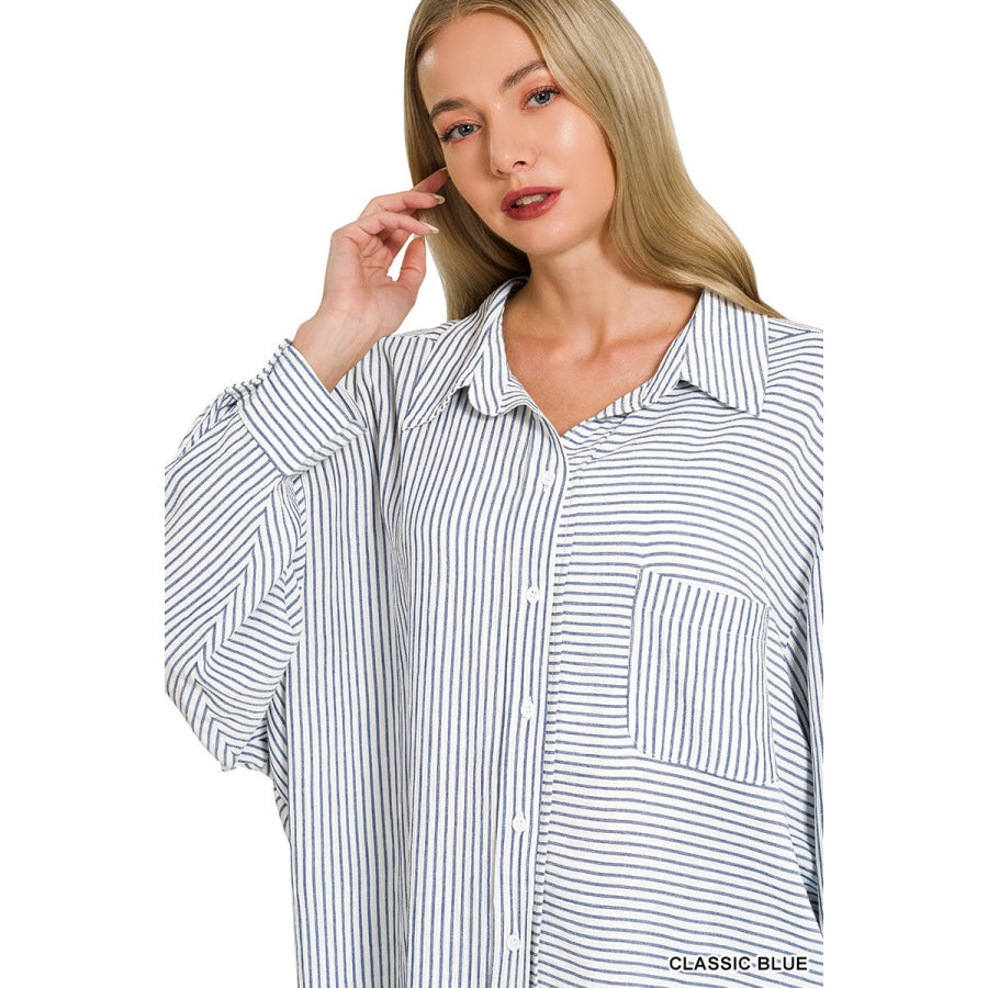 Zenana Woven Stripe Button Down Shirt Apparel and Accessories
