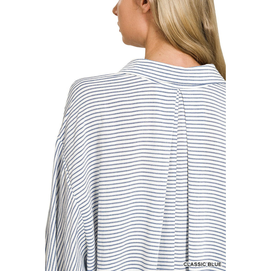 Zenana Woven Stripe Button Down Shirt Apparel and Accessories