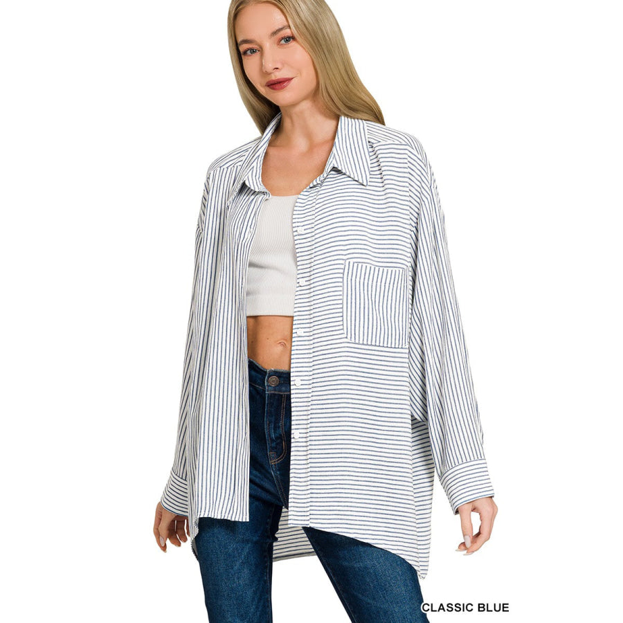 Zenana Woven Stripe Button Down Shirt CLASSIC BLUE / S/M Apparel and Accessories