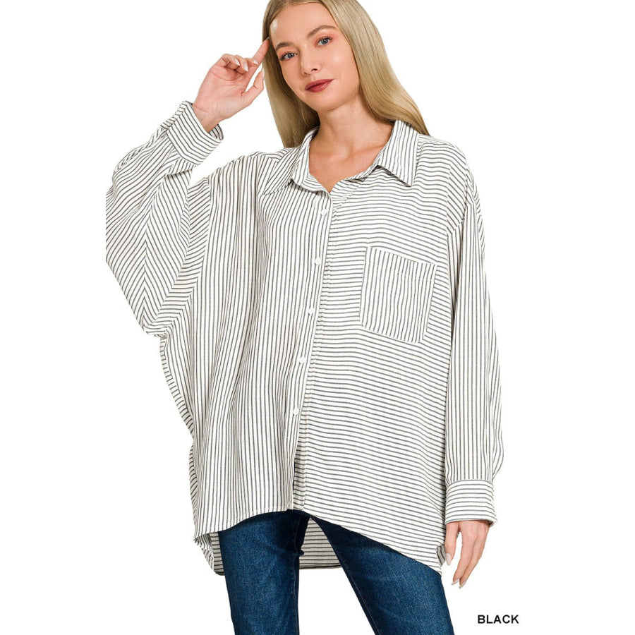 Zenana Woven Stripe Button Down Shirt BLACK / S/M Apparel and Accessories