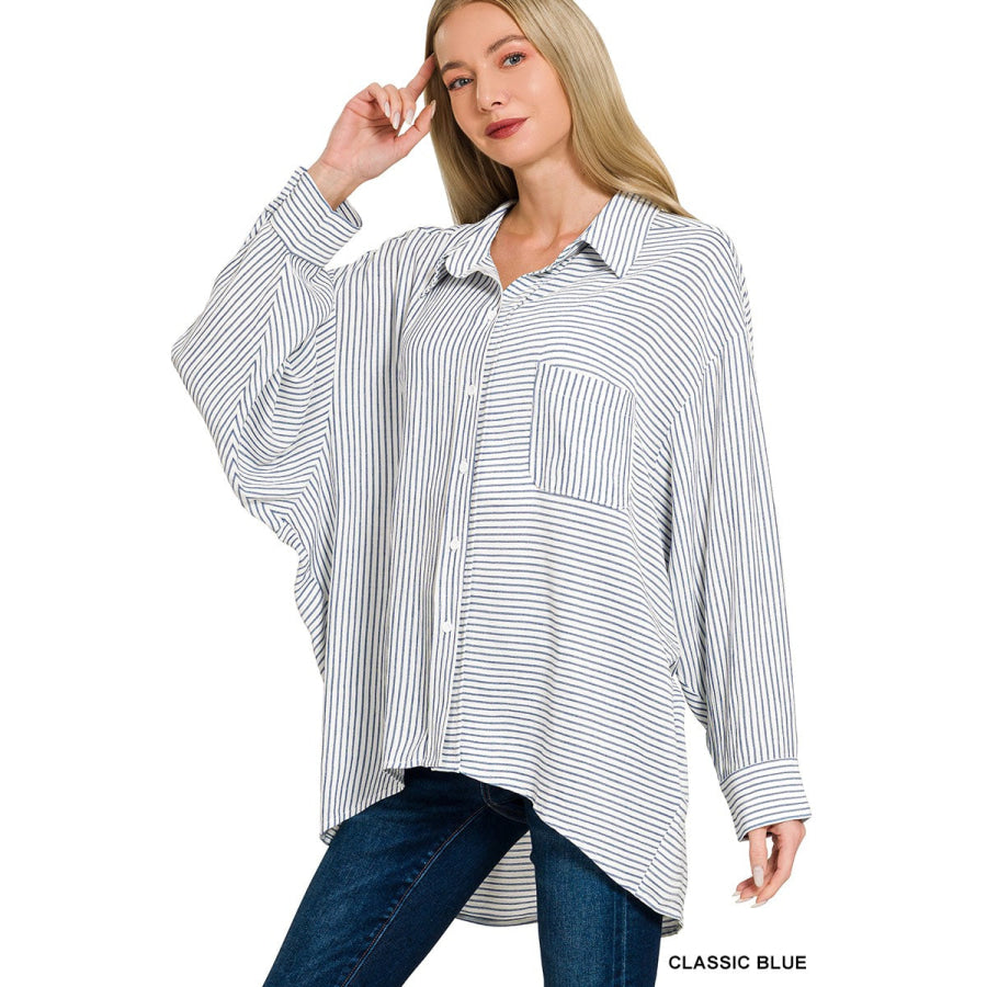 Zenana Woven Stripe Button Down Shirt CLASSIC BLUE / S/M Apparel and Accessories