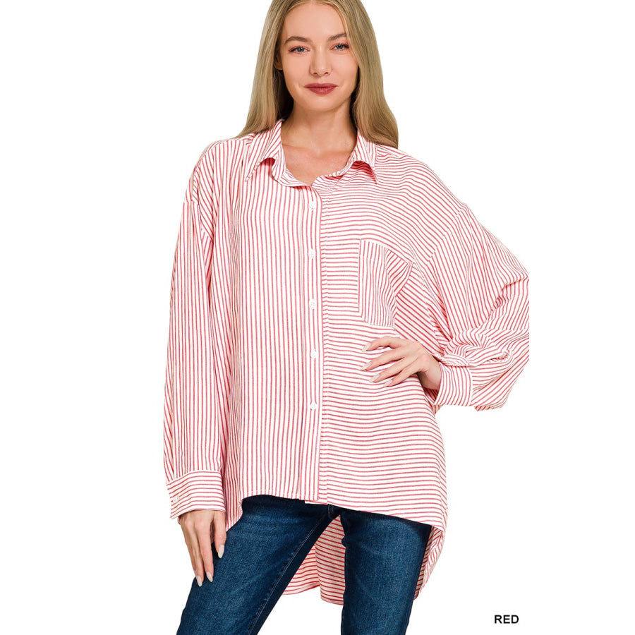Zenana Woven Stripe Button Down Shirt RED / S/M Apparel and Accessories
