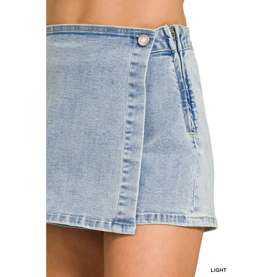 Zenana Wrap Front Denim Skort Apparel and Accessories