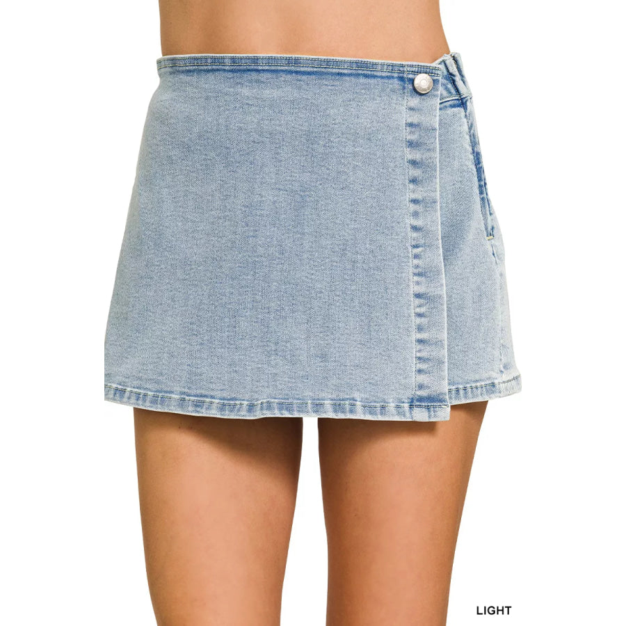 Zenana Wrap Front Denim Skort LIGHT / S Apparel and Accessories