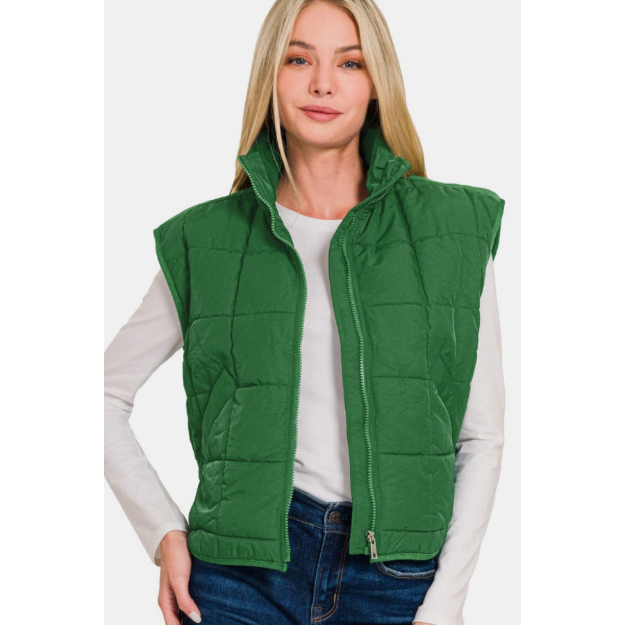 Zenana Zip Up Cropped Puffer Vest with Pockets Apparel and Accessories