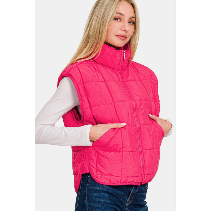 Zenana Zip Up Cropped Puffer Vest with Pockets Apparel and Accessories