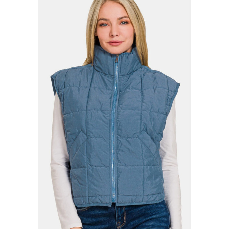 Zenana Zip Up Cropped Puffer Vest with Pockets Apparel and Accessories