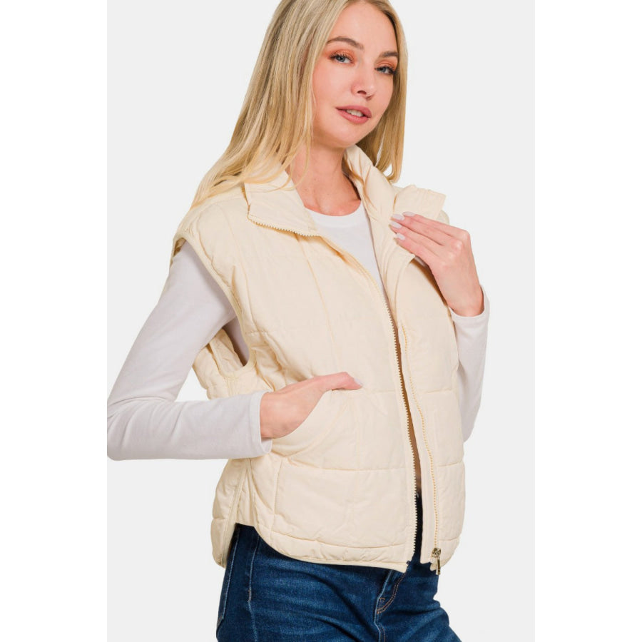 Zenana Zip Up Cropped Puffer Vest with Pockets Apparel and Accessories