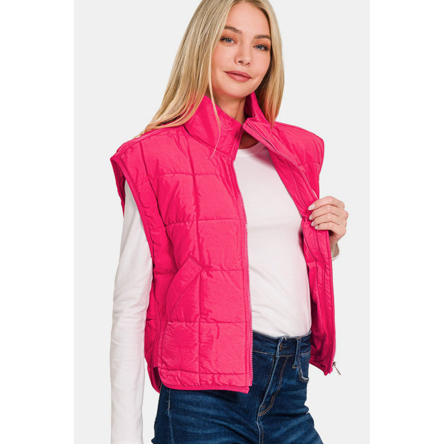 Zenana Zip Up Cropped Puffer Vest with Pockets Apparel and Accessories