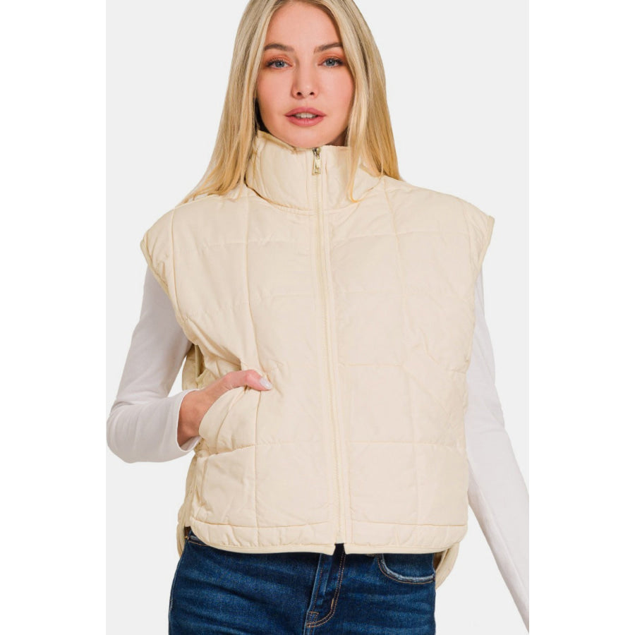 Zenana Zip Up Cropped Puffer Vest with Pockets Apparel and Accessories