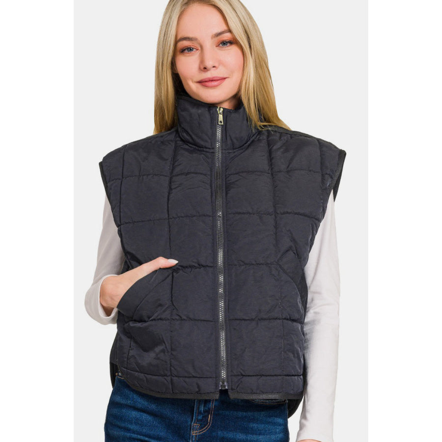 Zenana Zip Up Cropped Puffer Vest with Pockets Apparel and Accessories