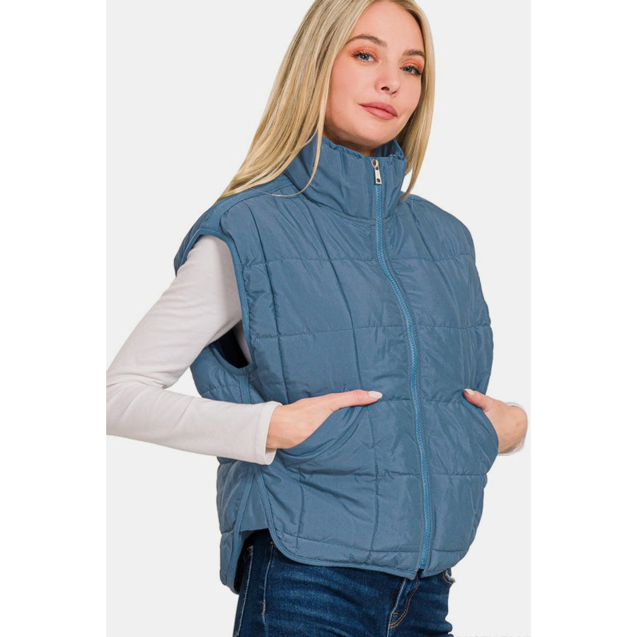 Zenana Zip Up Cropped Puffer Vest with Pockets Apparel and Accessories