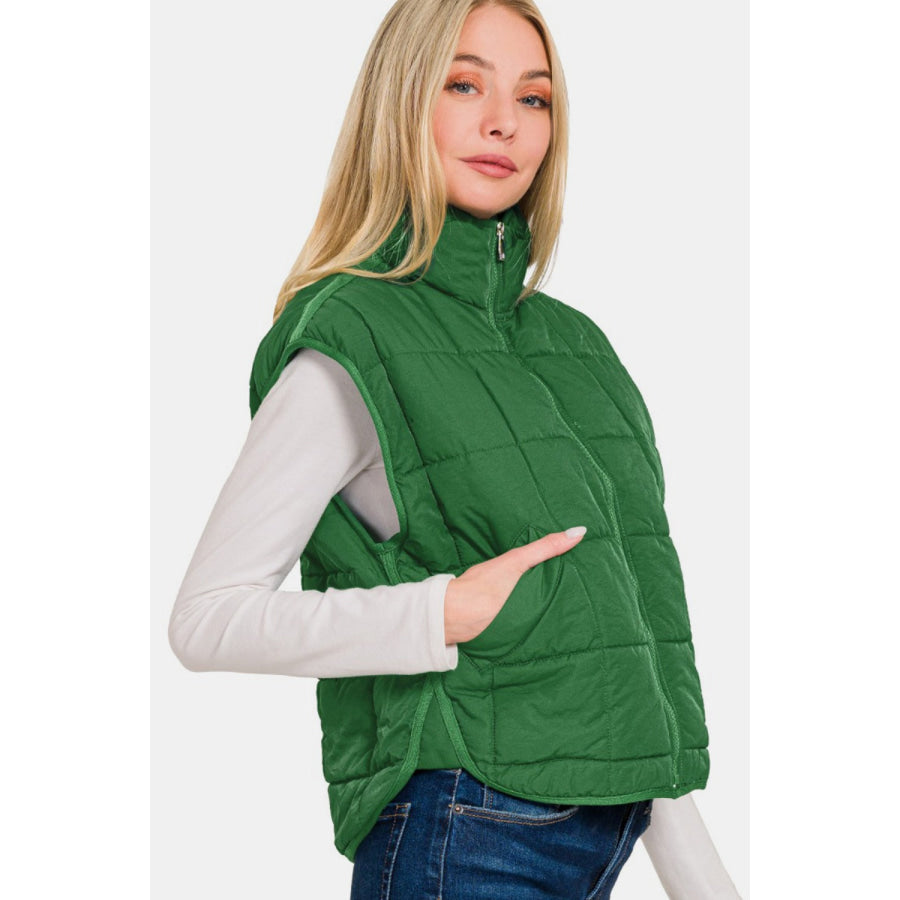 Zenana Zip Up Cropped Puffer Vest with Pockets Apparel and Accessories