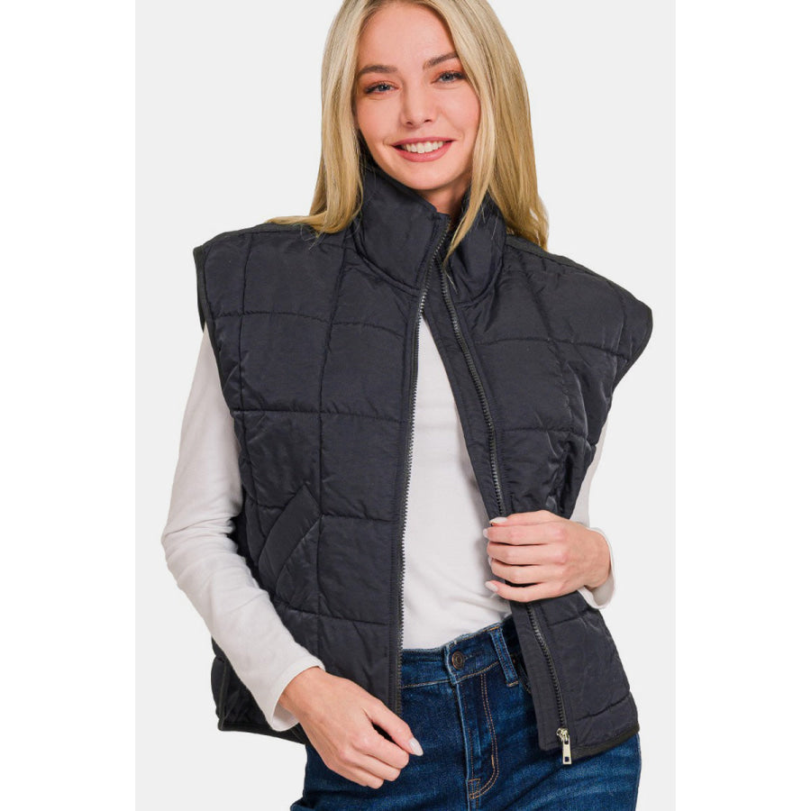 Zenana Zip Up Cropped Puffer Vest with Pockets Black / S Apparel and Accessories