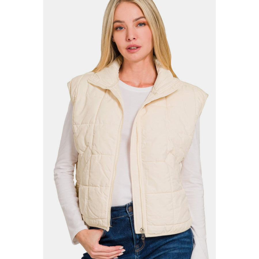 Zenana Zip Up Cropped Puffer Vest with Pockets Cream / S Apparel and Accessories