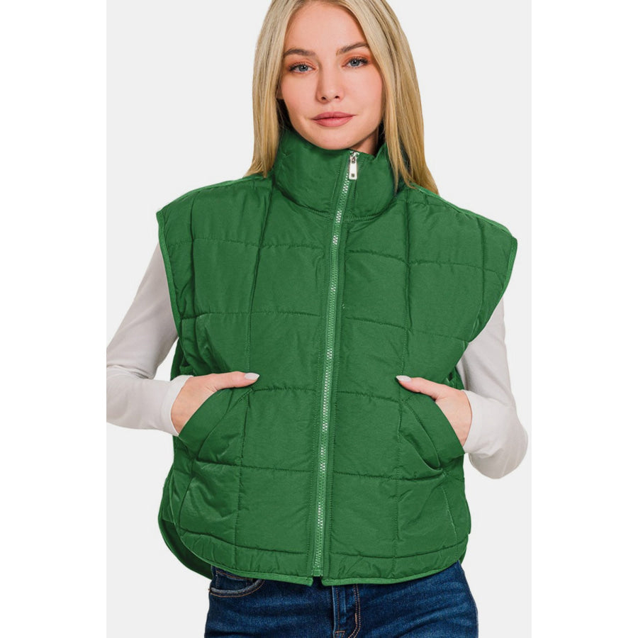 Zenana Zip Up Cropped Puffer Vest with Pockets Dk Green / S Apparel and Accessories