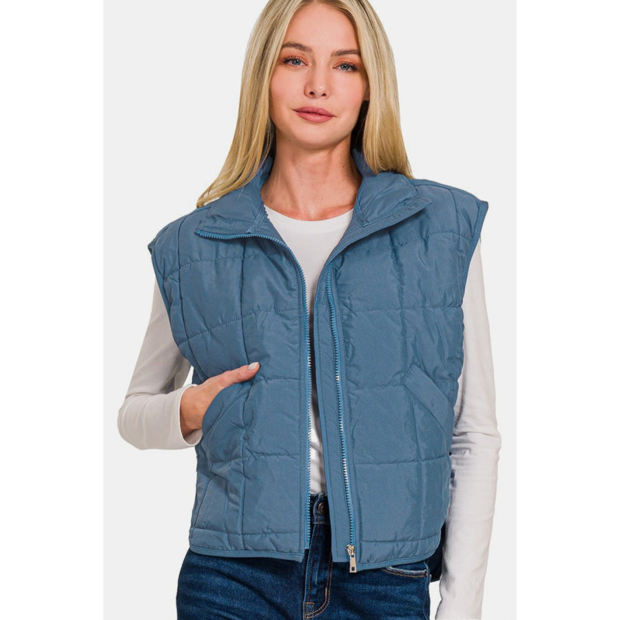 Zenana Zip Up Cropped Puffer Vest with Pockets Dusty Blue / S Apparel and Accessories