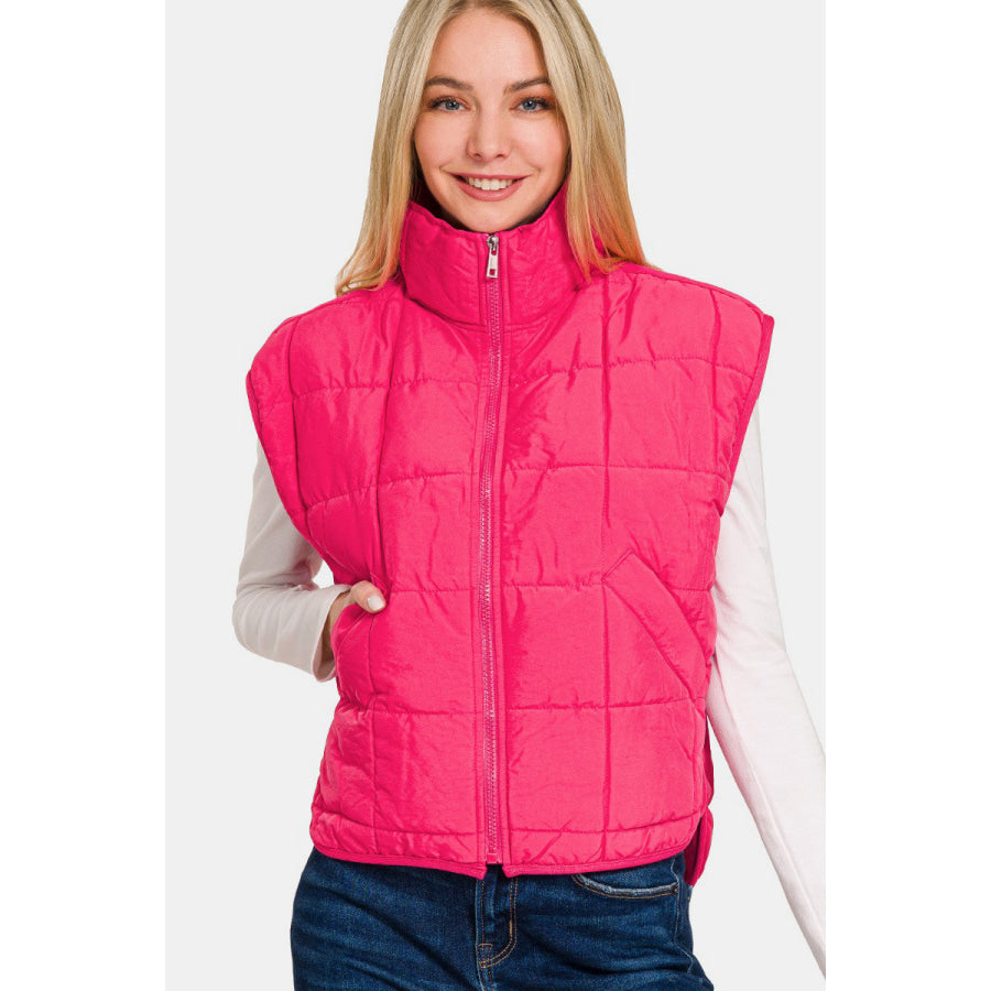 Zenana Zip Up Cropped Puffer Vest with Pockets Hot Pink / S Apparel and Accessories